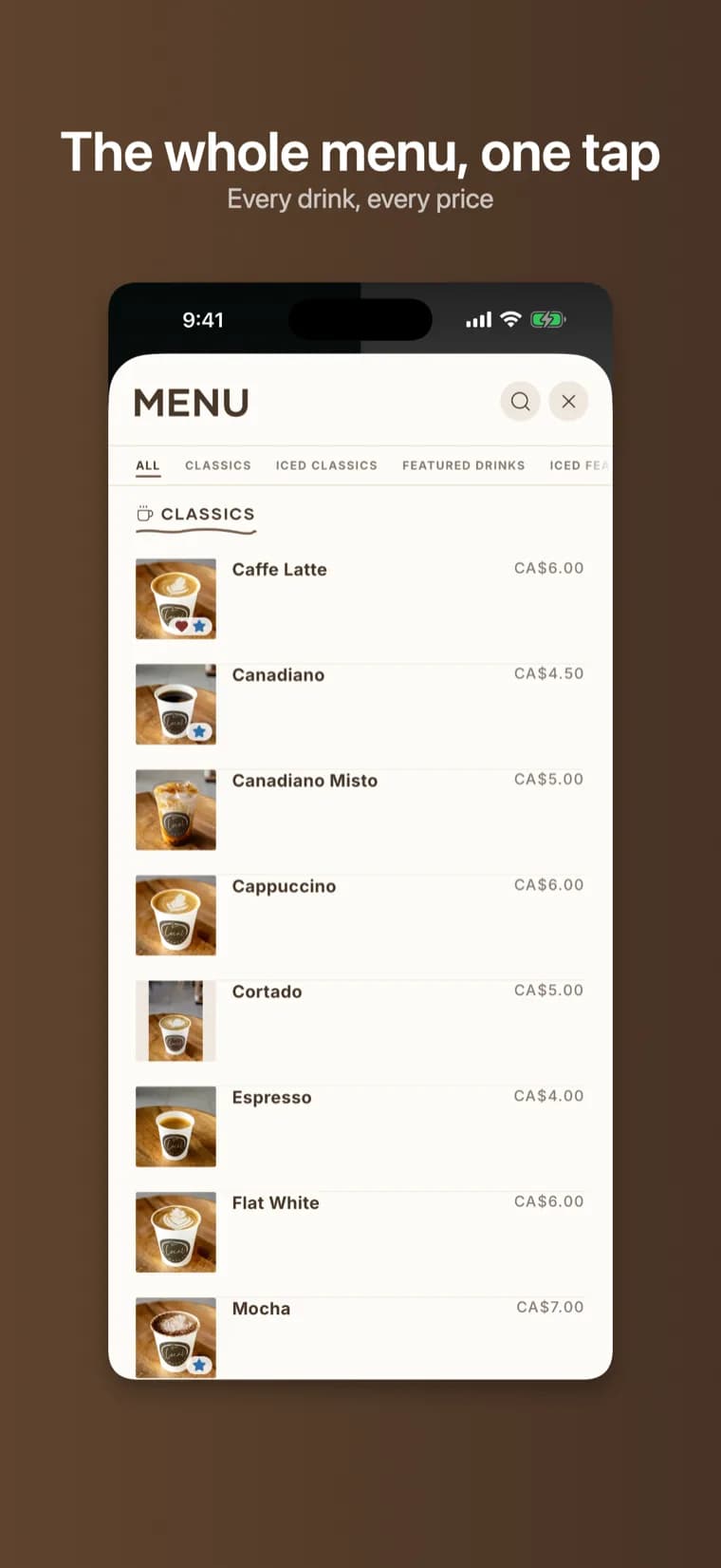 Menu screen — the whole menu, one tap
