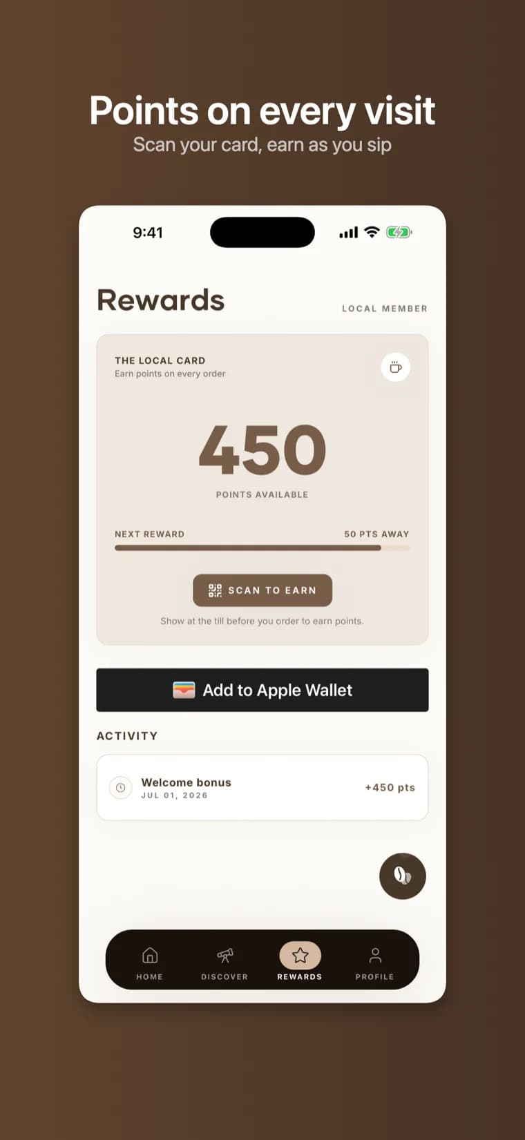 Rewards screen — points on every visit